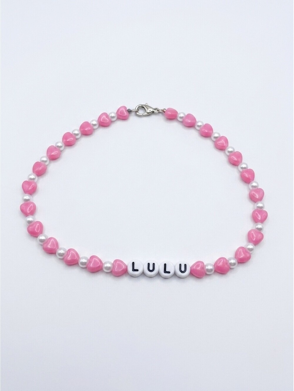 LULU Name Bracelet/Anklet Pink Heart Faux Pearl Beaded Personalized Y2K